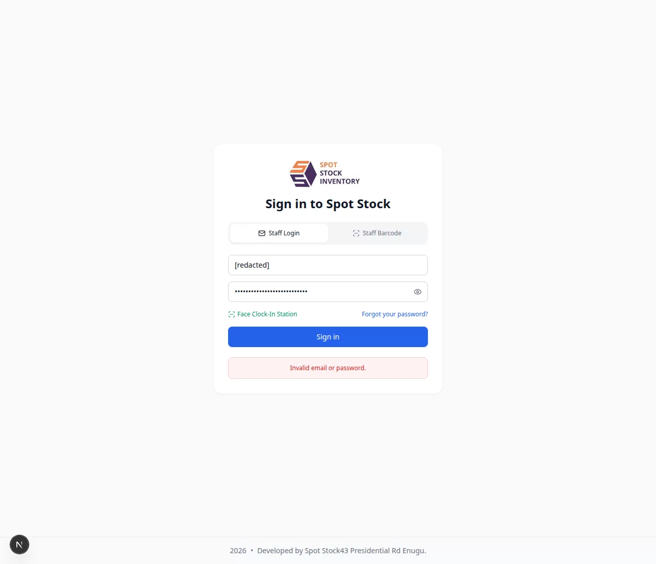 Staff Login screen displaying the message Invalid email or password