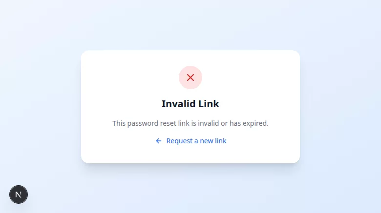 Invalid Link message with a control to request a new password-reset link