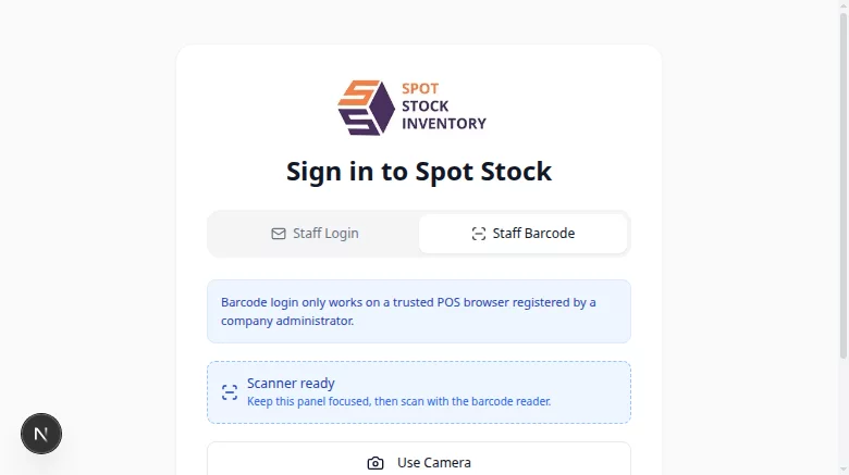 Staff Barcode login tab with barcode reader area and camera control