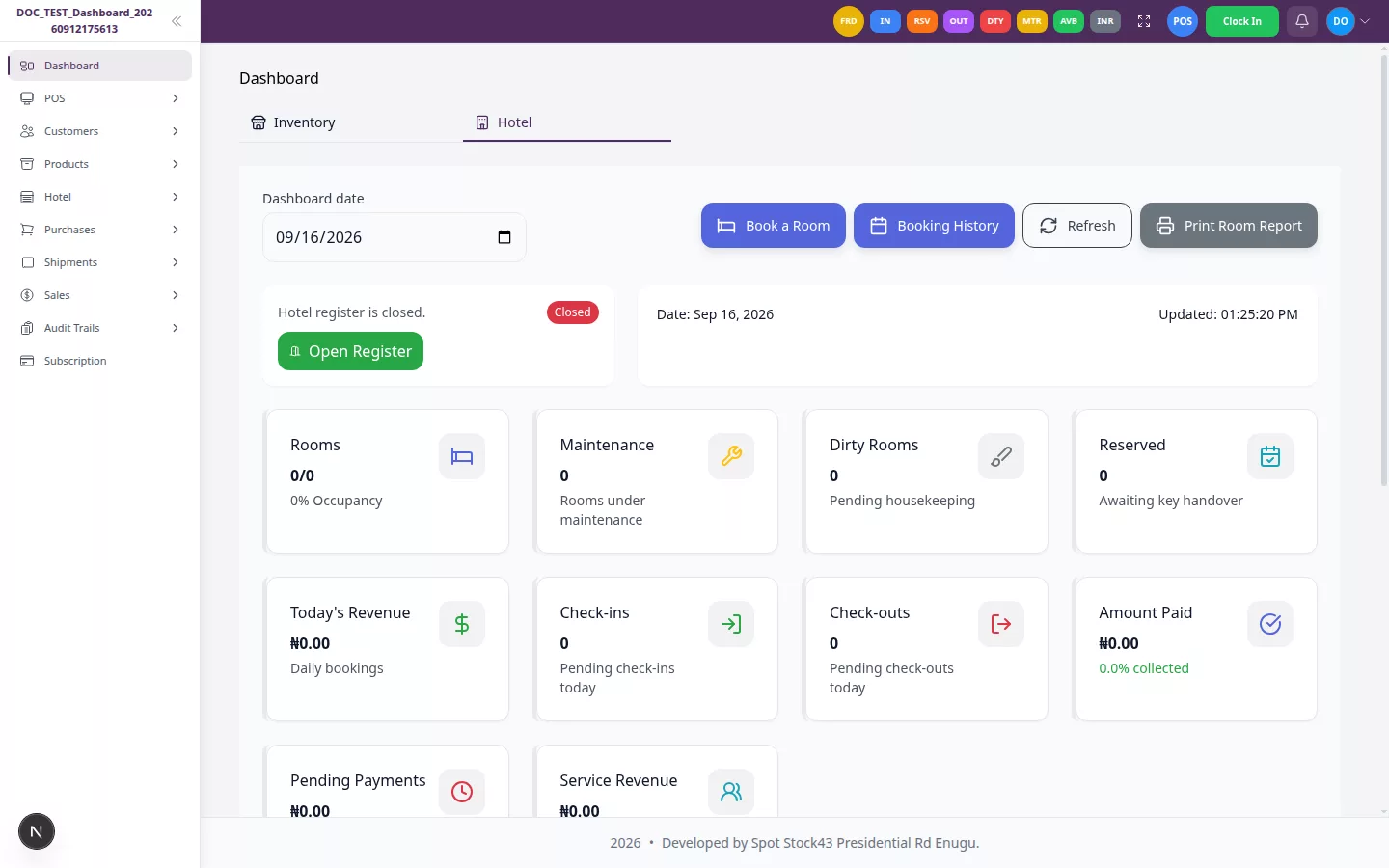 Hotel Dashboard showing its date filter, actions and zero-value room and financial cards