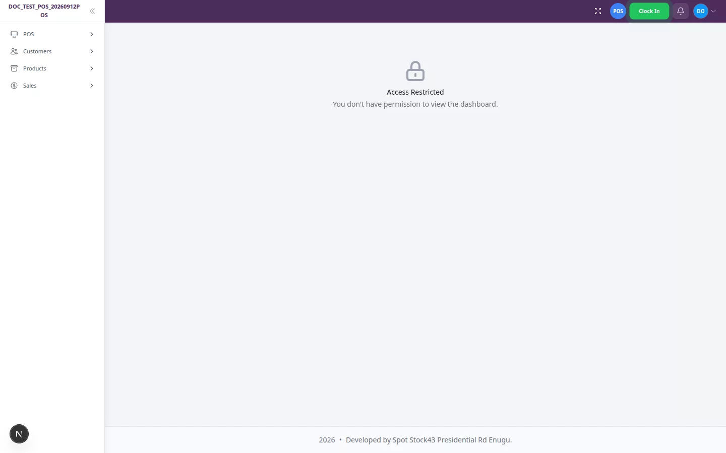 Dashboard showing an Access Restricted message for a fictional staff account